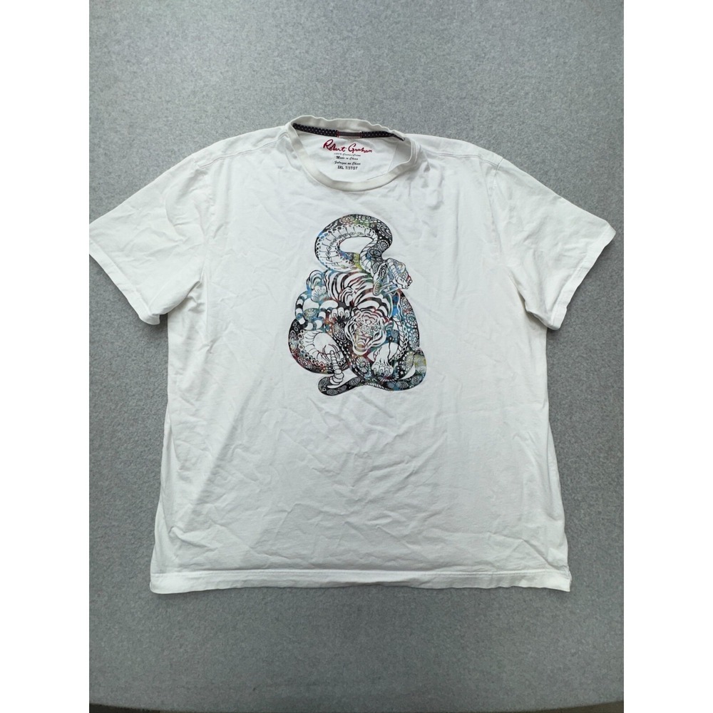 Robert Graham Shirt Mens 3XL White Tiger Snake Graphic Short Sleeve Crewneck Tee